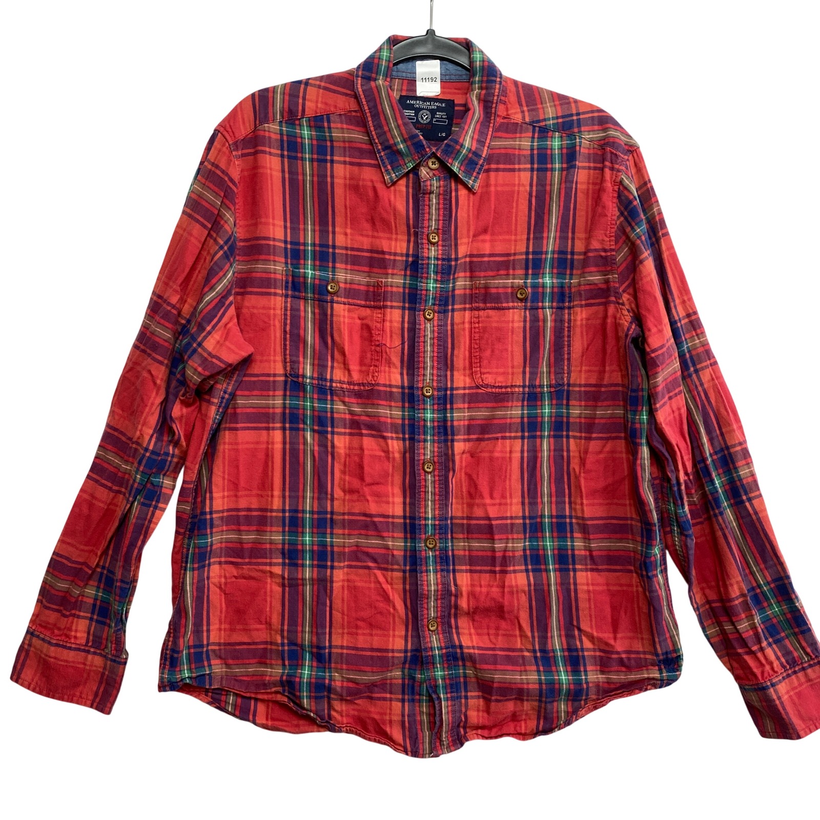 American Eagle Shirt Mens L Red Plaid Prep Fit Long Sleeve Cotton Button Down